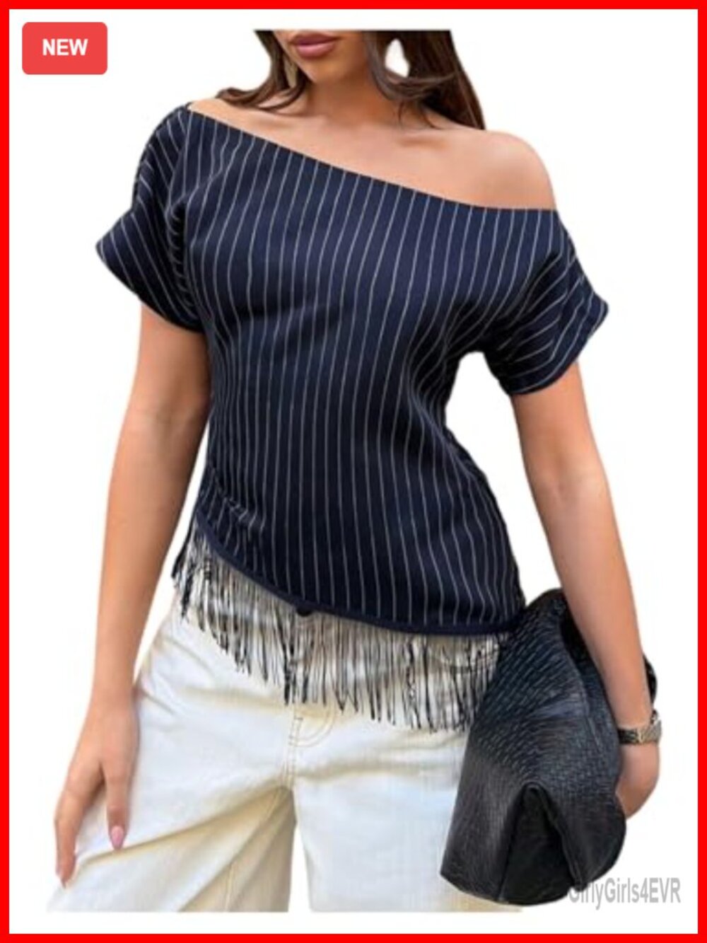 Striped Off Shoulder Fringe Crop Blouse Asymmetrical Tassel Hem Short Sleeve Top